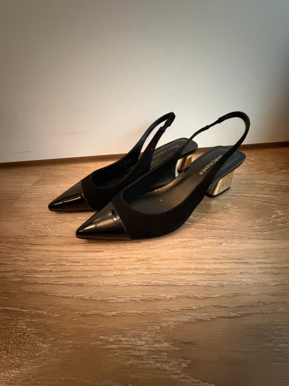 Marc Fisher Black Slingback Pointed-Toe Mules with Gold Block Heel